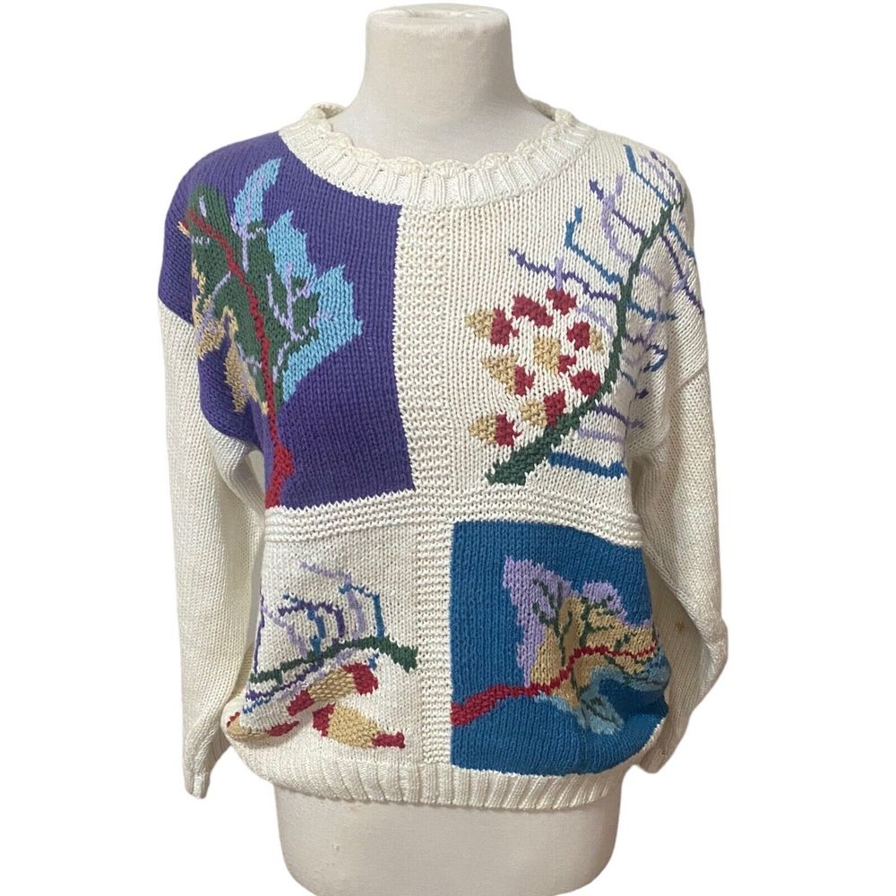 VTG Napa Valley Sweater Women Petites Sz M Knit Fall Autumn Leaves Cottagecore